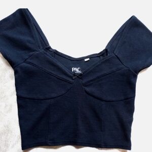 Pacsun womens black corset stitch short sleeve crop top szM sweetheart neckline